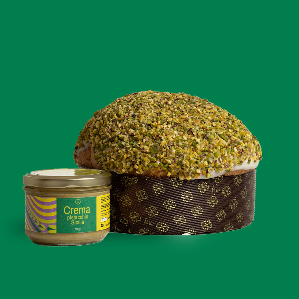 Panettone with Bronte DOP green pistachios, 1kg, and 200g of Sicilian cream.
